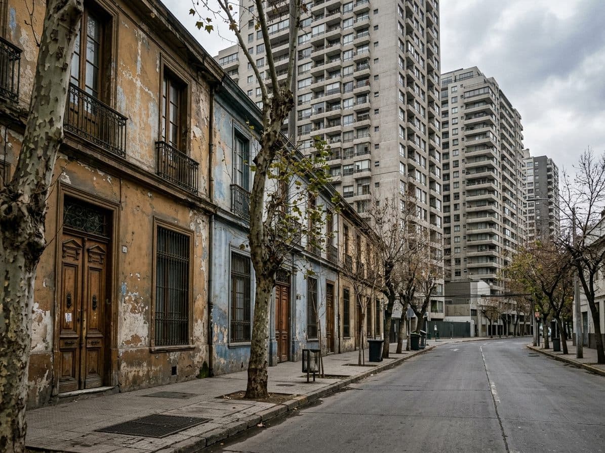 Torres de departamentos detrás de una casa antigua de fachada continua en el centro de Santiago