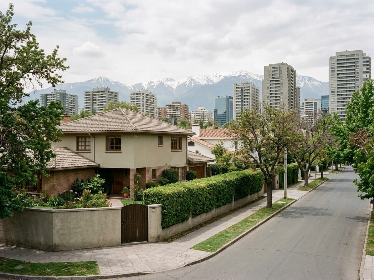 Casa con antejardín y cerco vivo, con torres y la cordillera al fondo