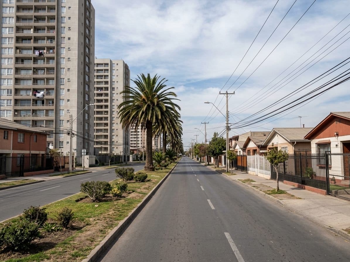 Torres residenciales nuevas junto a casas de un piso en una avenida con bandejón central