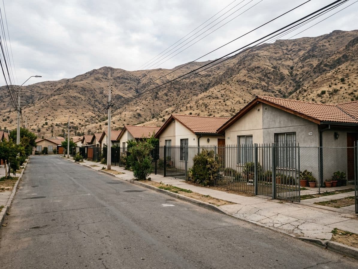 Casas pareadas de un piso con antejardín y reja, con los cerros de la precordillera detrás