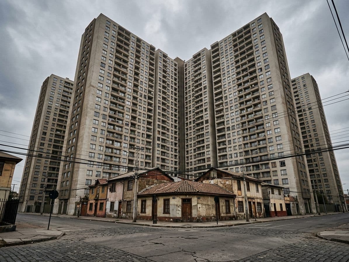 Torres de departamentos muy altas y densas sobre casas antiguas de un piso
