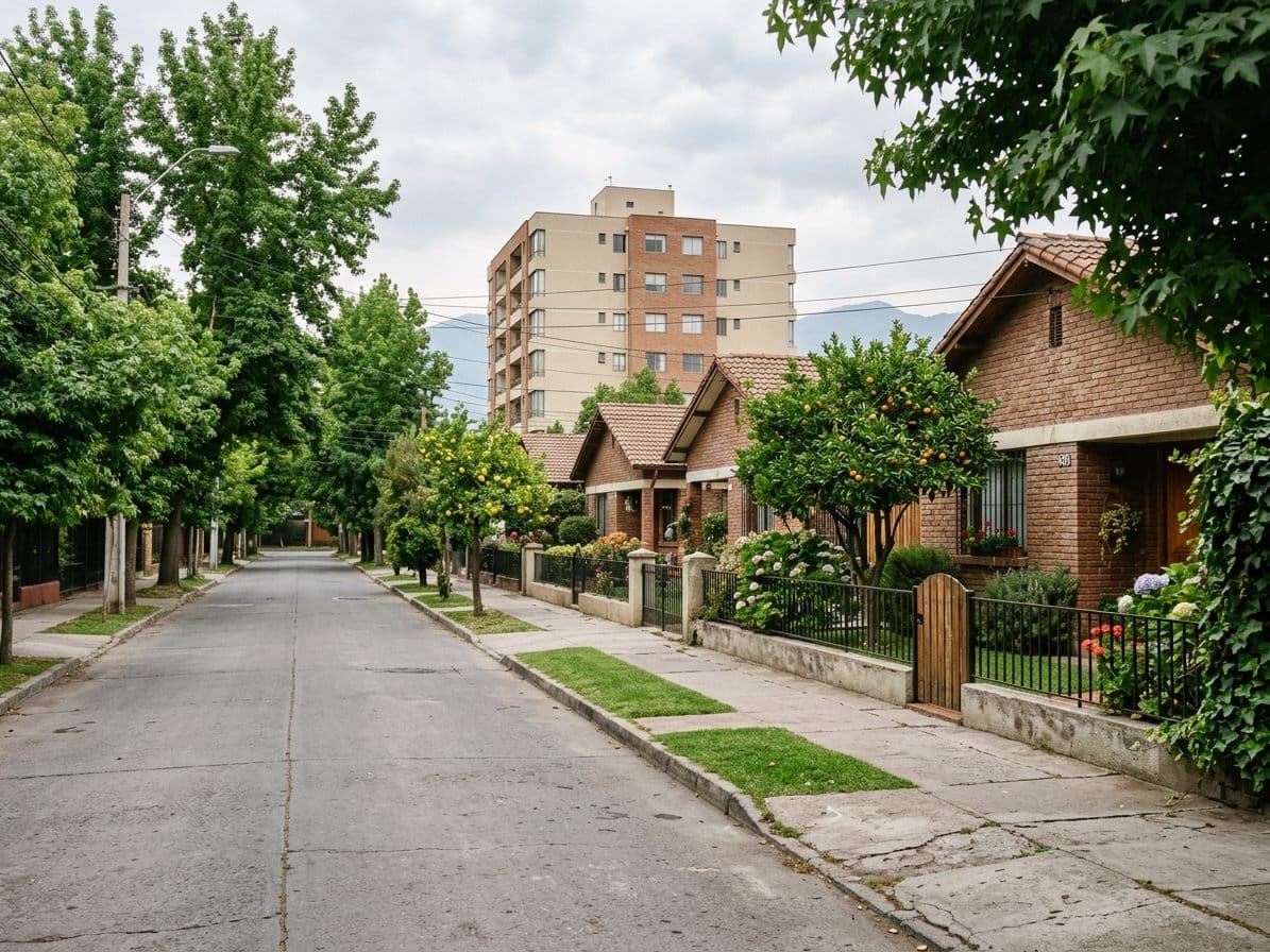 Calle de una villa con casas de ladrillo de un piso, antejardines y árboles