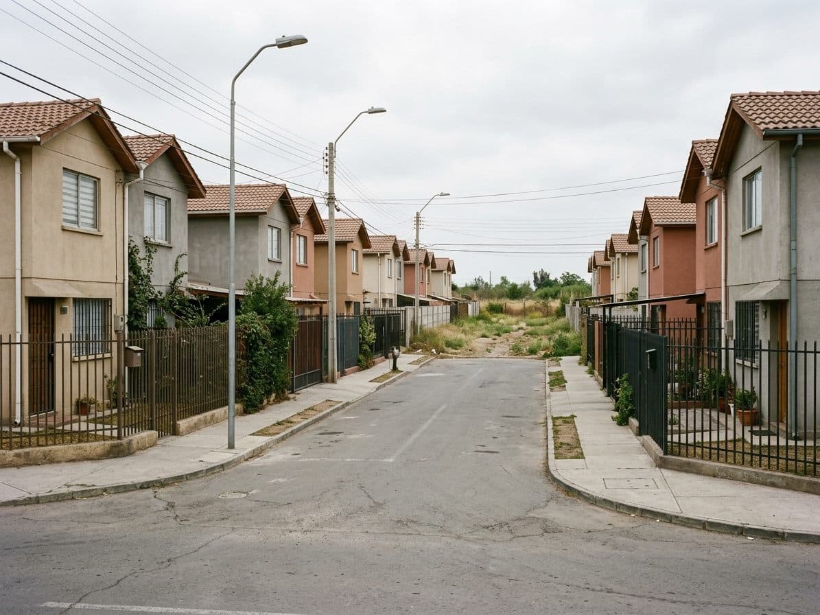 Casas pareadas de dos pisos en una villa, con un sitio eriazo al final de la calle