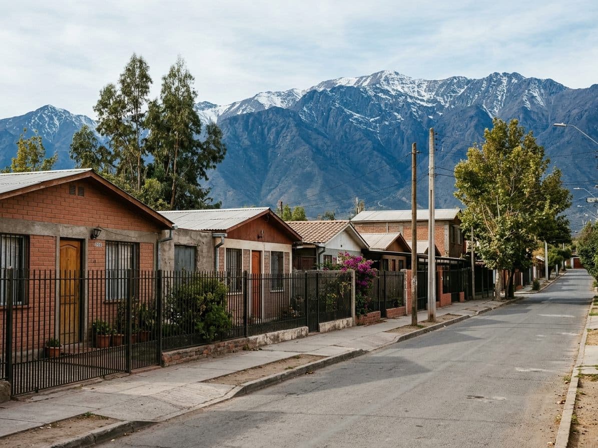 Casas de un piso con antejardín y reja, con la cordillera muy cerca al fondo