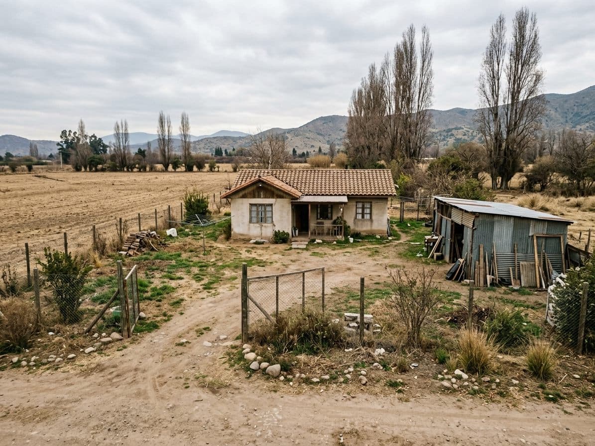 Casa de una parcela con patio de tierra, galpón y álamos