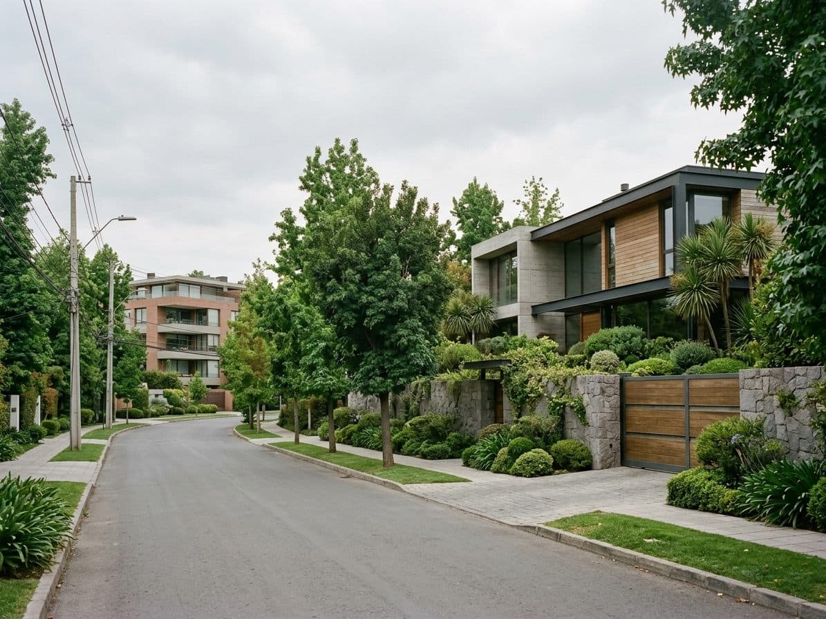 Casa moderna con jardín tras un muro de piedra en una calle arbolada