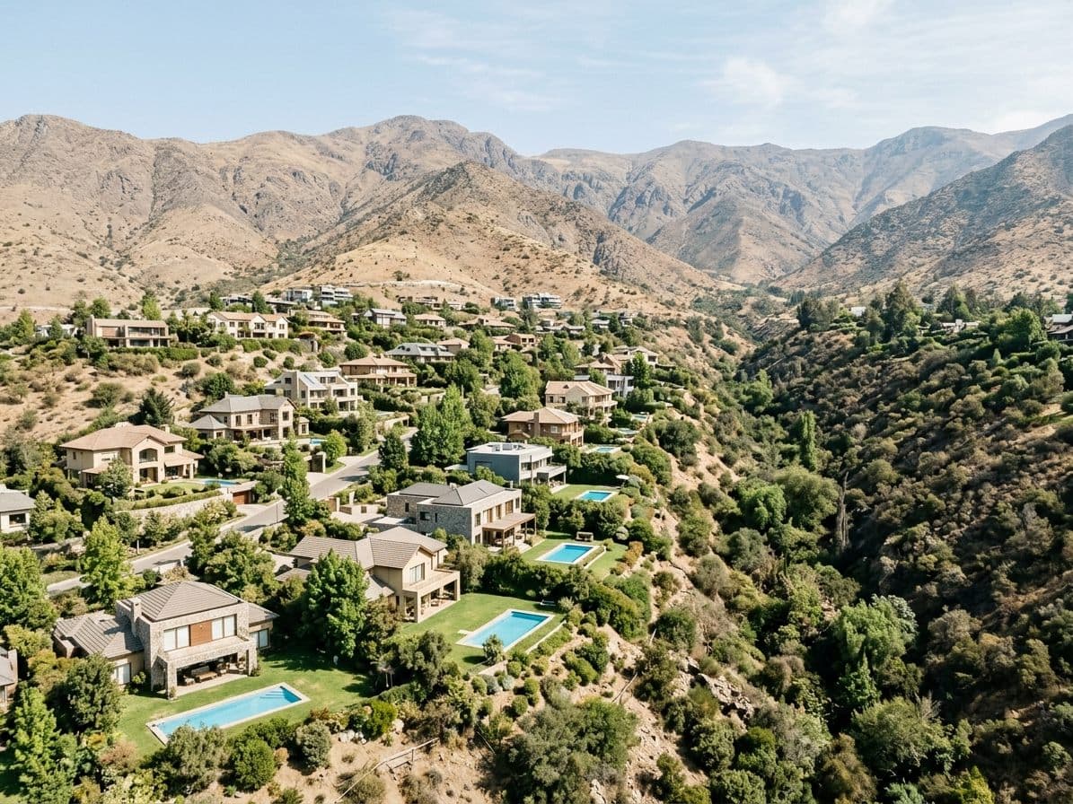 Casas con jardín y piscina en una ladera, junto a una quebrada con matorral