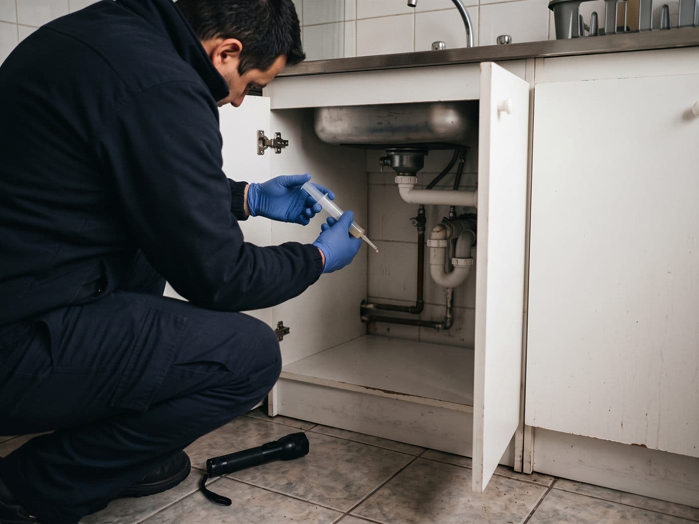 Técnico aplicando gel insecticida junto a las cañerías del mueble bajo el lavaplatos