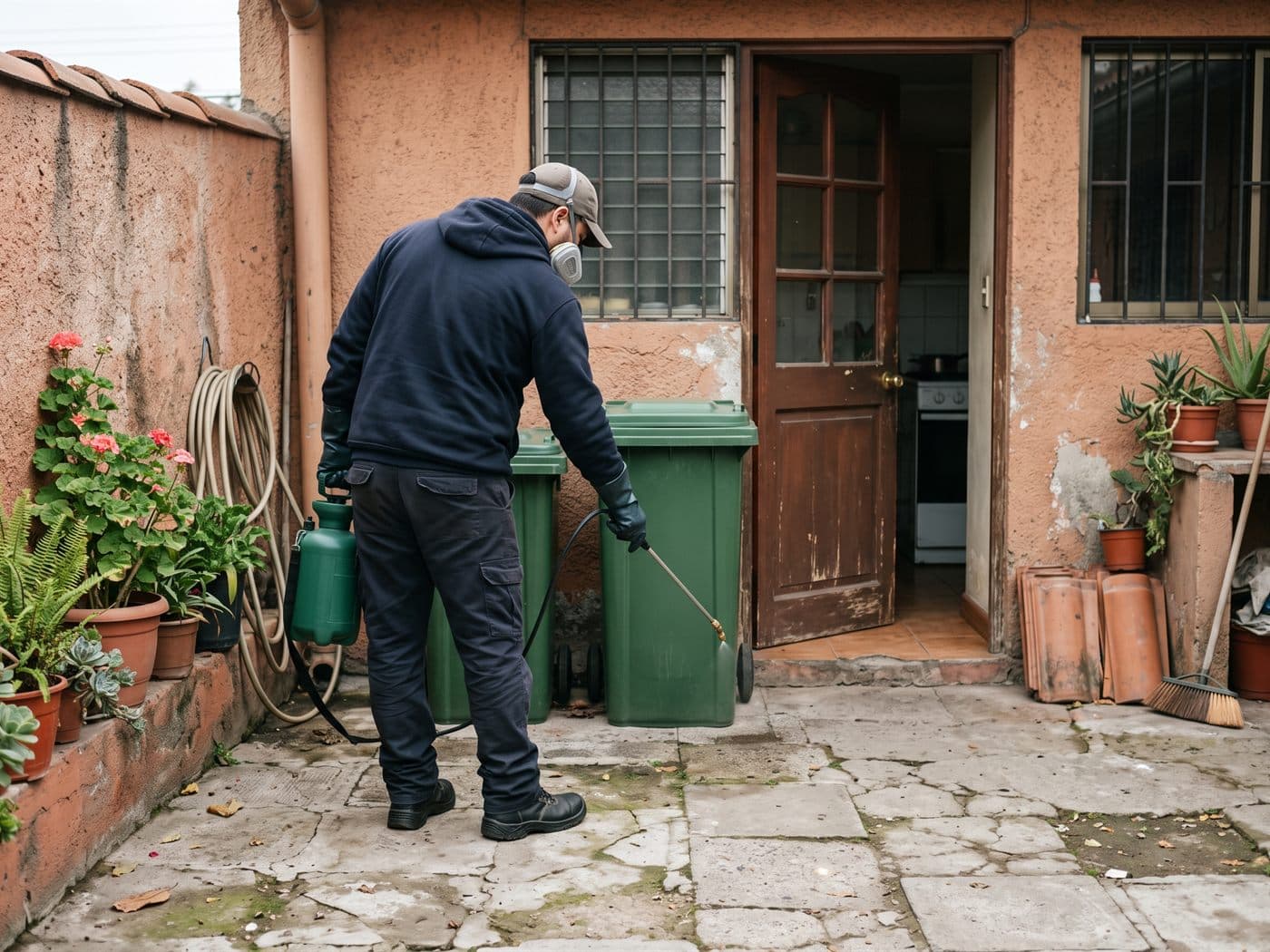 Técnico aplicando con pulverizador alrededor de los basureros del patio de una casa