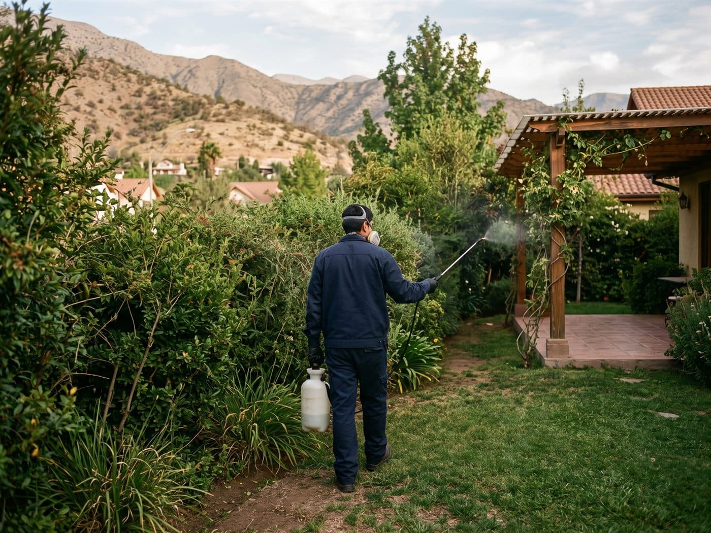 Técnico aplicando con pulverizador en los arbustos del jardín de una casa