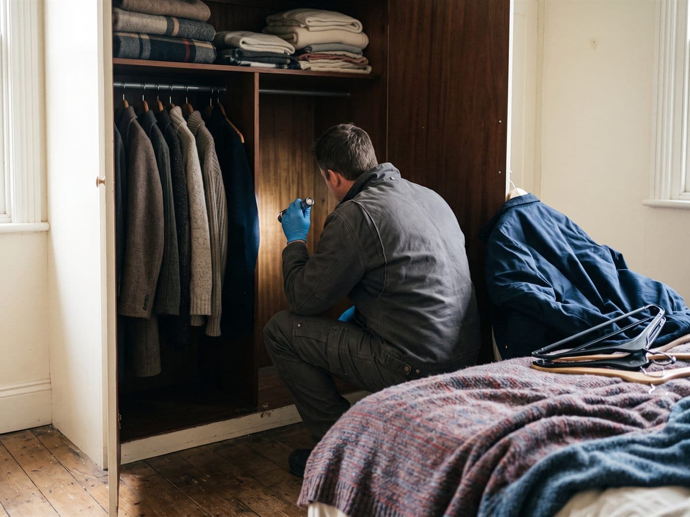 Técnico revisando con linterna el interior de un closet con abrigos colgados