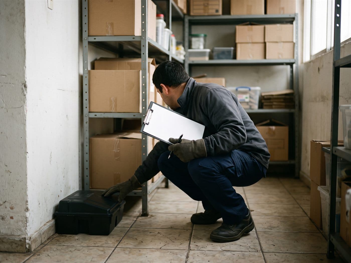 Técnico revisando una cebadera en la bodega de un local, con una planilla en la mano