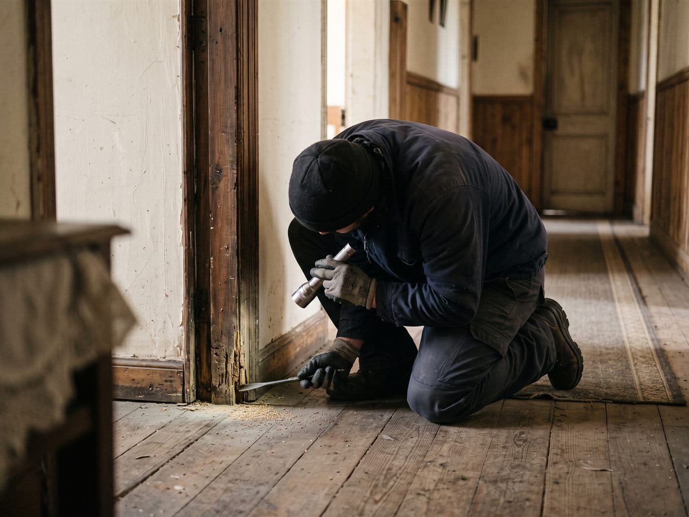 Técnico revisando con linterna la base de un marco de puerta de madera en una casa antigua