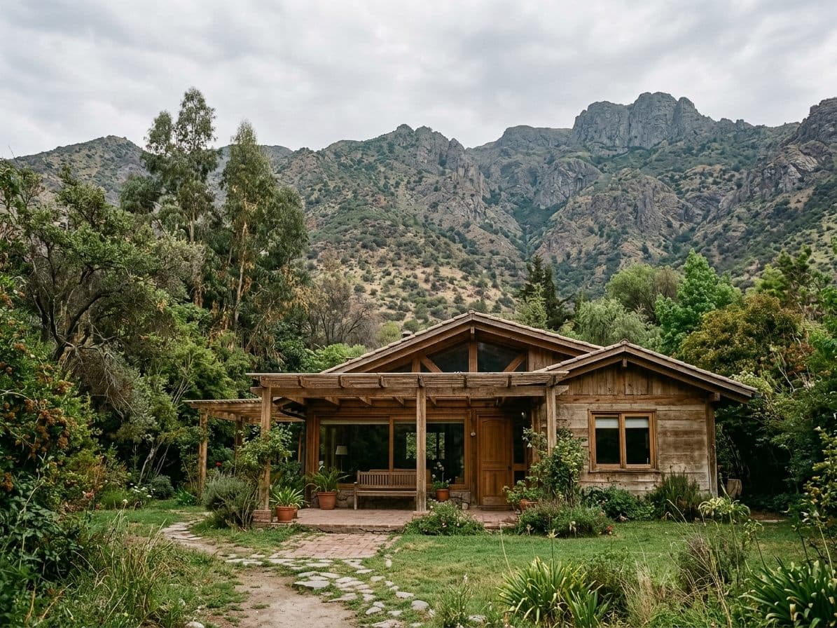 Casa de madera con pérgola rodeada de árboles, al pie de la precordillera