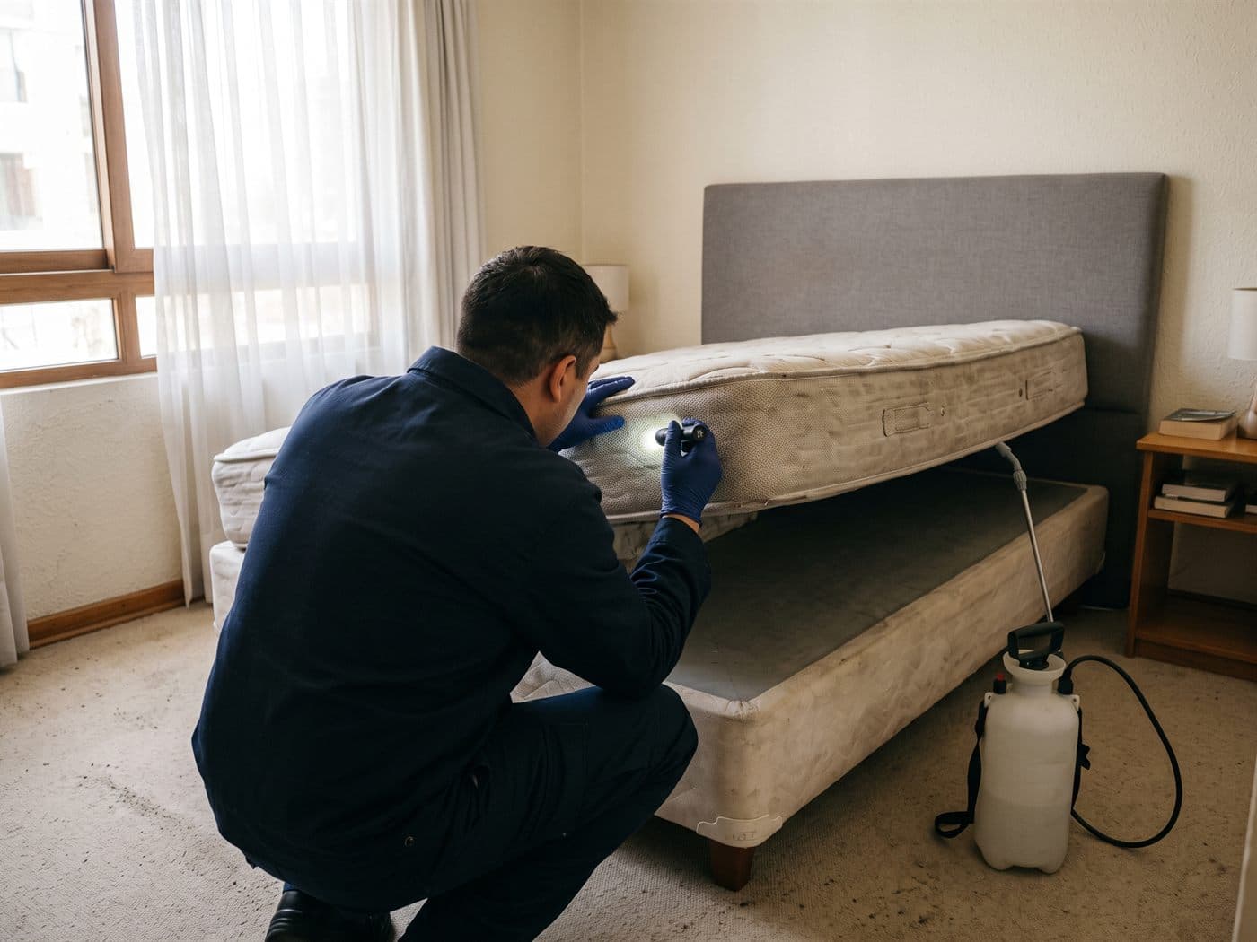Técnico revisando con linterna la costura de un colchón levantado en un dormitorio