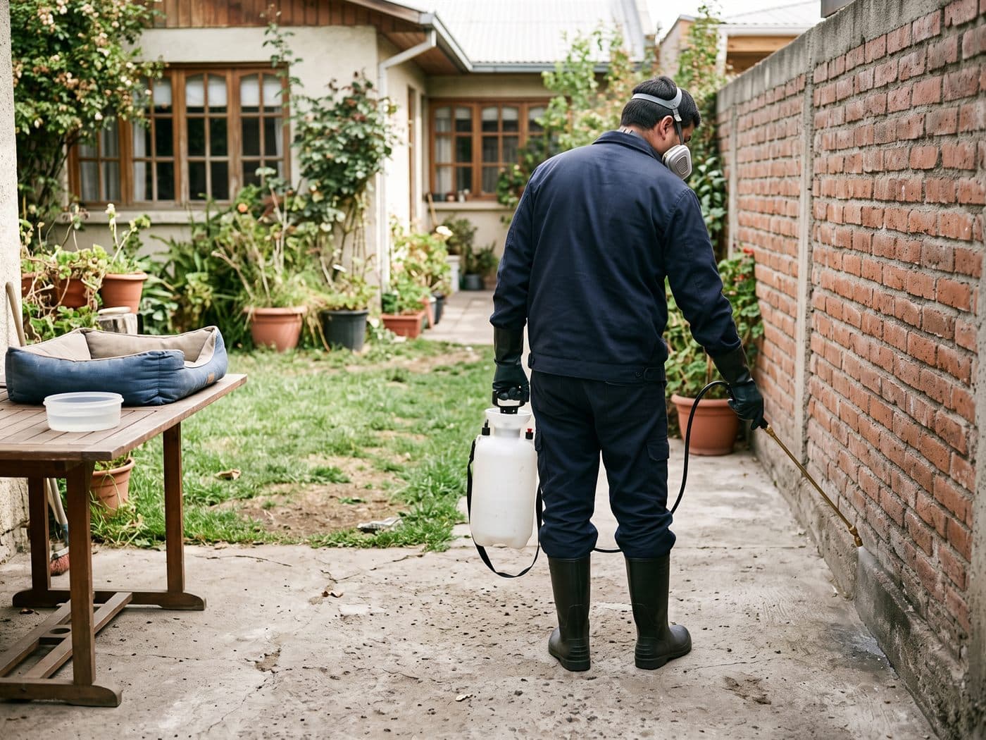 Técnico aplicando con pulverizador en la base del muro de un patio, con la cama de la mascota retirada