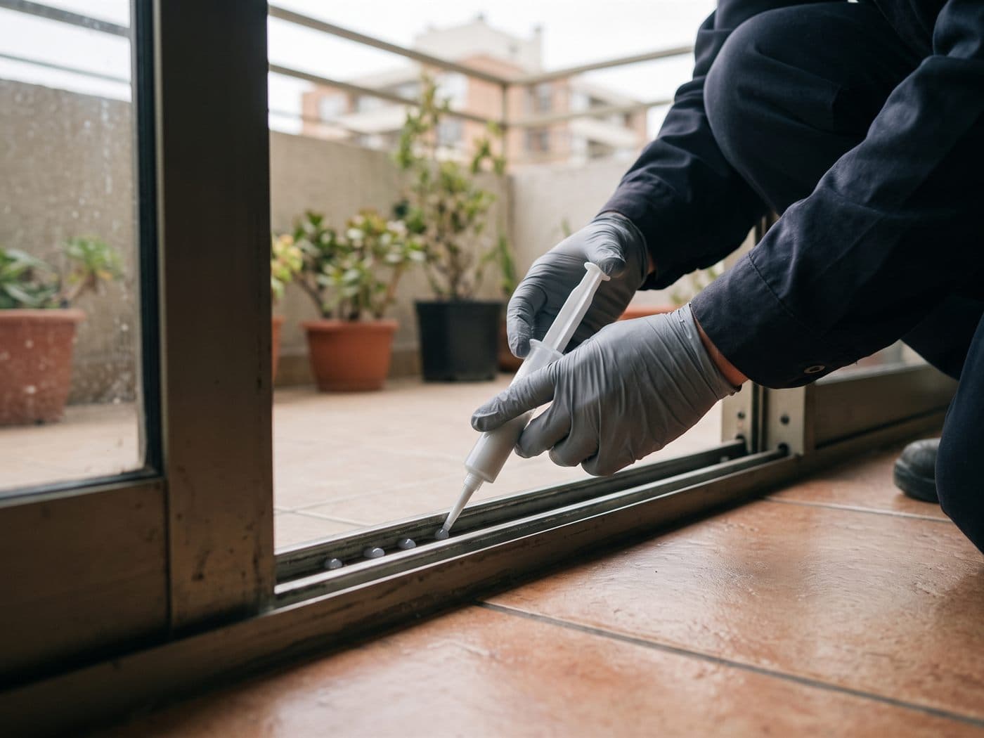 Técnico aplicando gel en el riel de la puerta corredera que da a la terraza de un depto