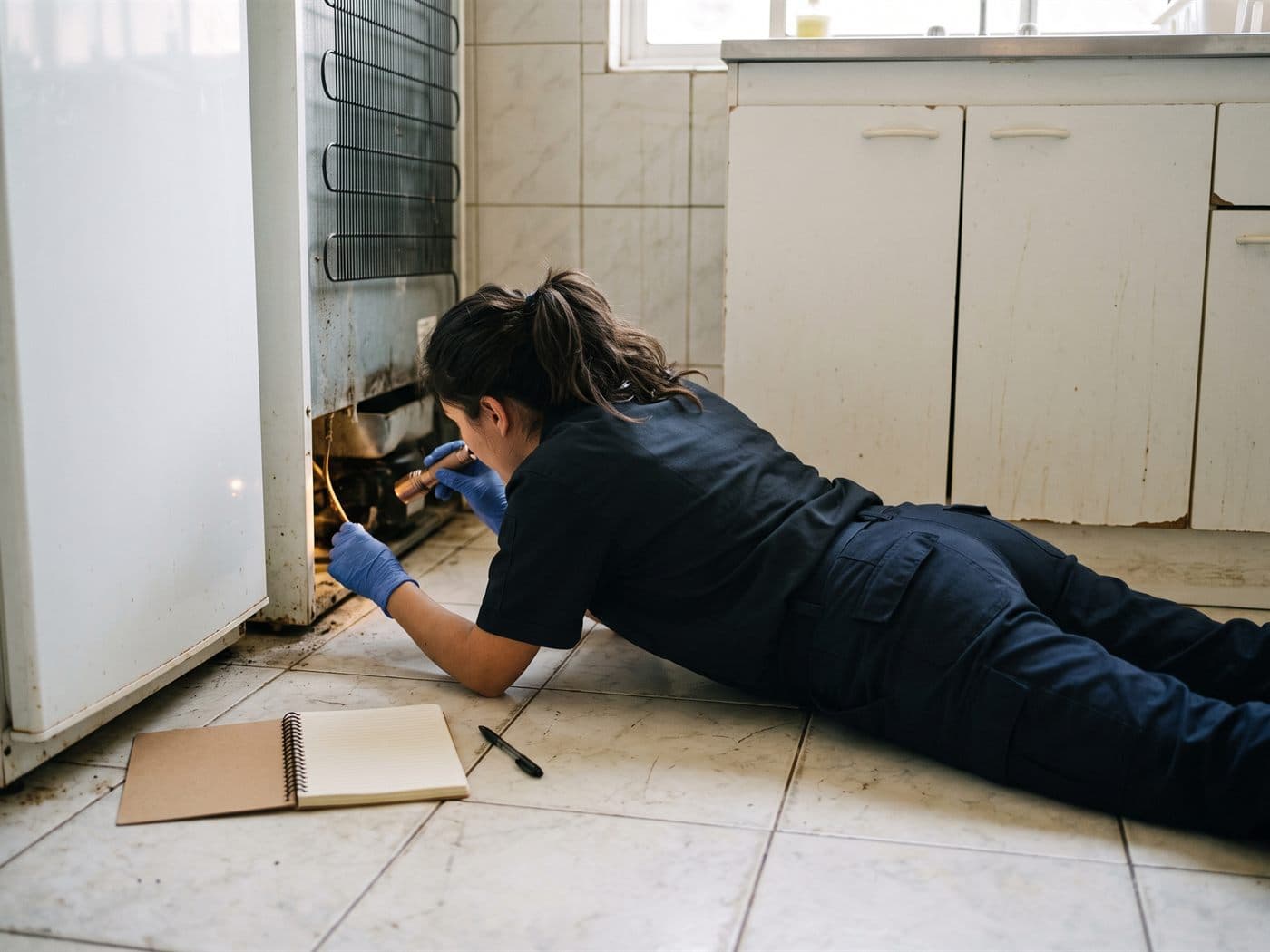 Técnica revisando con linterna el espacio detrás del refrigerador de una cocina